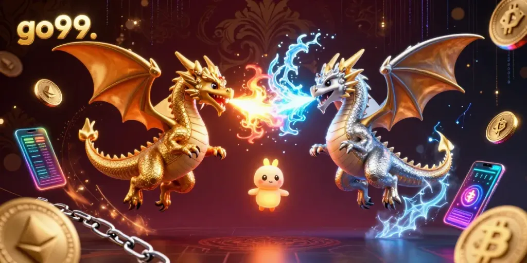 Engage with the dynamic go99 experience featuring mystical dragons and cryptocurrency elements in a vibrant gambling setting.