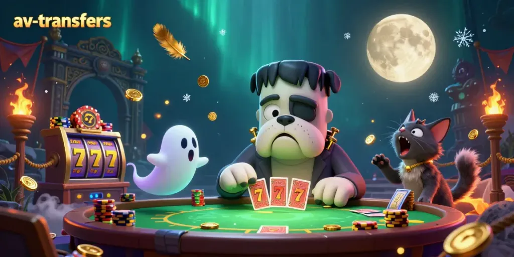 Experience exhilarating casino vibes as the av-transfers bulldog monster deals cards amidst enchanting casino elements.