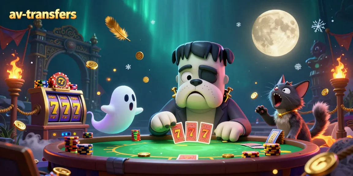 Experience exhilarating casino vibes as the av-transfers bulldog monster deals cards amidst enchanting casino elements.