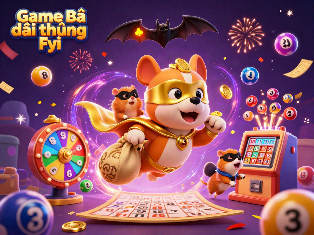 Engaging 3D illustration of Game Bài Đổi Thưởng Fyi featuring a superhero dog and supporting elements representing exciting gambling.
