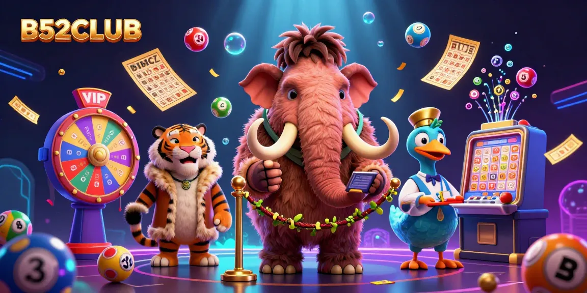 Experience excitement with B52CLUB as a woolly mammoth bouncer checks ID, surrounded by dynamic lottery elements.