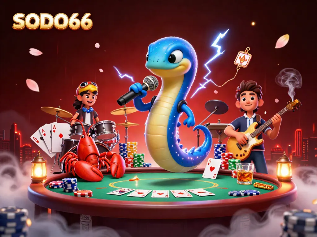 SODO66 showcases an electrifying performance with a DJ eel, lobster drummer, and seahorse guitarist at an underwater casino.