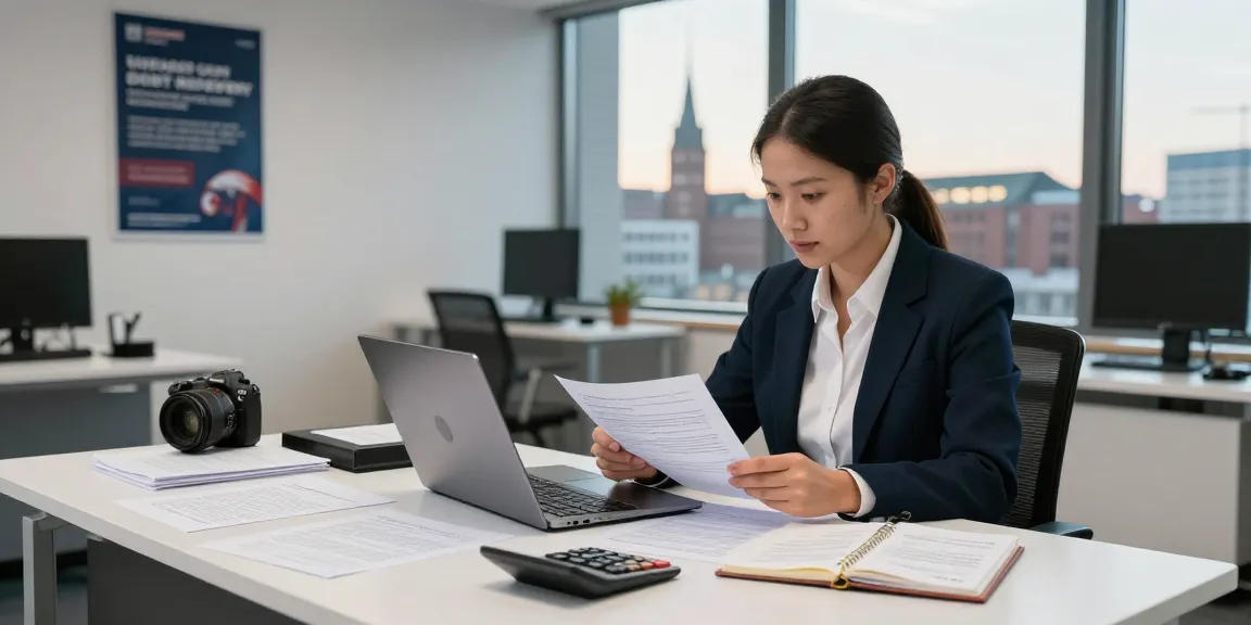 Hamburg Inkassobüro agent at work reviewing financial cases in a bright office setting.