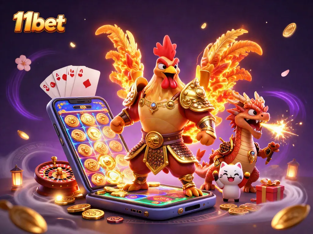Engage in thrilling gaming with 11bet's vibrant 3D illustration of a rooster warrior, dragon hatchling, and fortune cat!