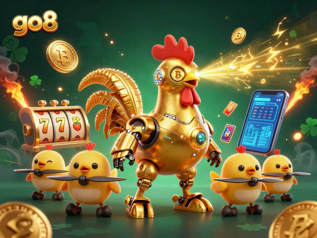 Experience winning strategies with go8 slots as a golden rooster robot leads a dynamic gaming scene.
