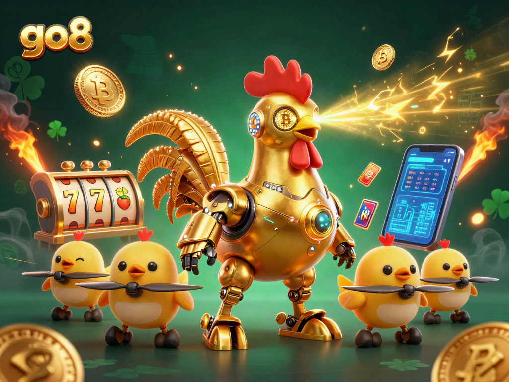 Experience winning strategies with go8 slots as a golden rooster robot leads a dynamic gaming scene.