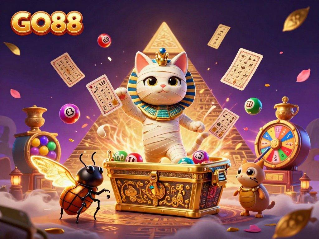 Experience exciting wins at GO88 with a vibrant Egyptian mummy cat in a colorful casino atmosphere