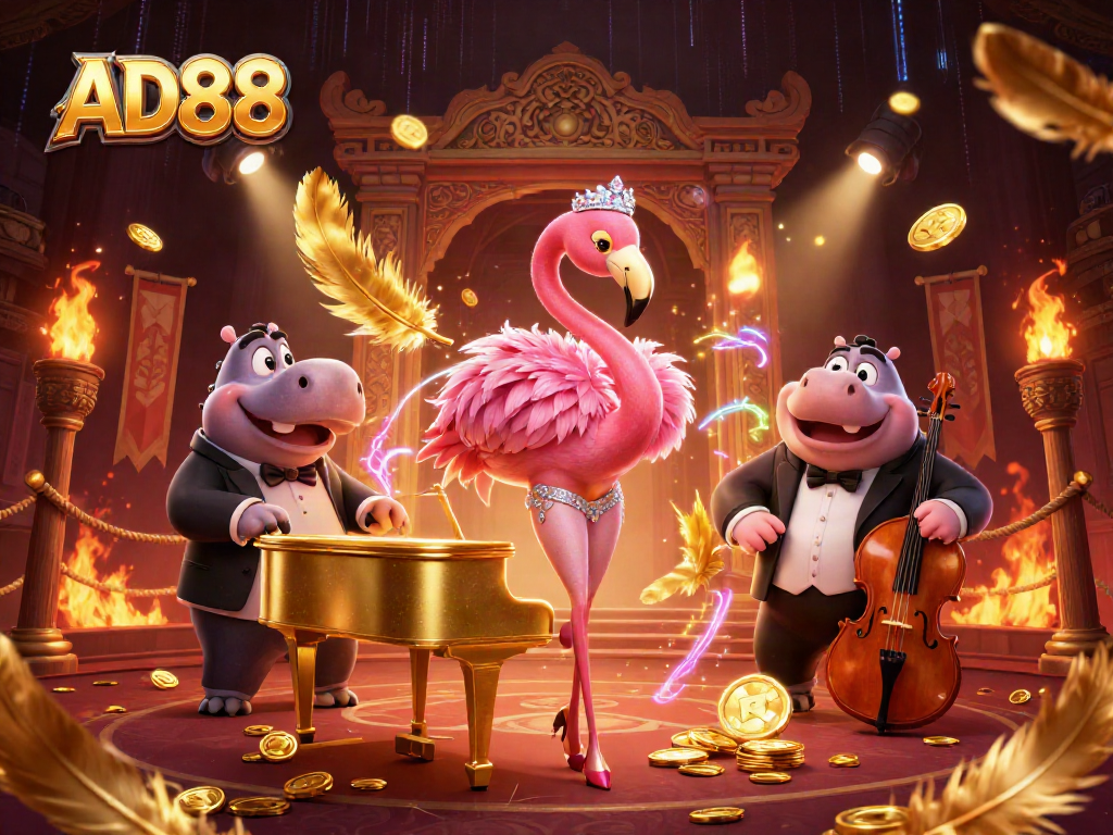 Experience gaming excitement at AD88 with a vibrant casino scene featuring a flamingo singer and a hippo bassist.