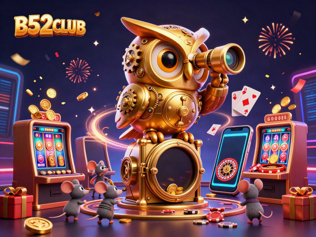 B52CLUB’s 3D cartoon owl surveying a vibrant casino scene filled with game elements and celebration.