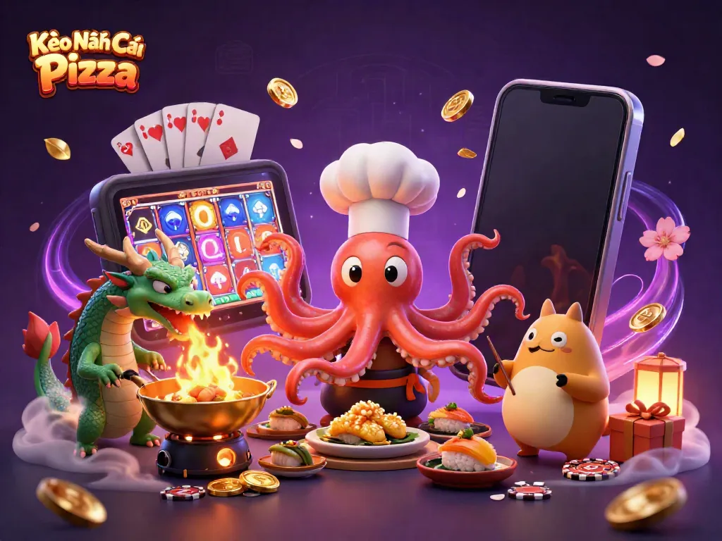 Kèo Nhà Cái Pizza features a dynamic scene with a sushi chef octopus and dragon creating golden dishes amidst casino elements.