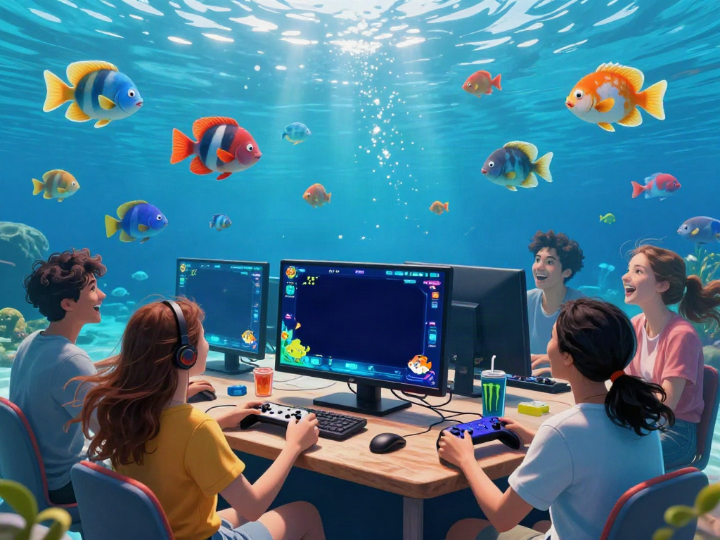 Exciting scene of friends playing lại là Bắn cá đổi thưởng with vibrant underwater graphics and a lively gaming console.