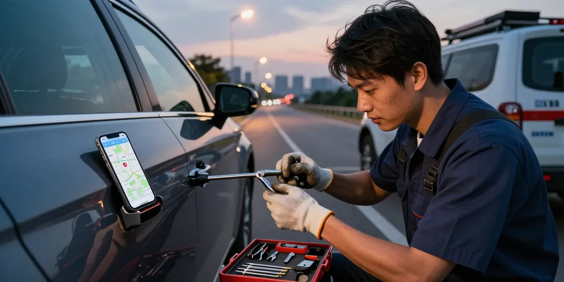 Automotive locksmith near me unlocking a car with tools at twilight in a vibrant urban setting.