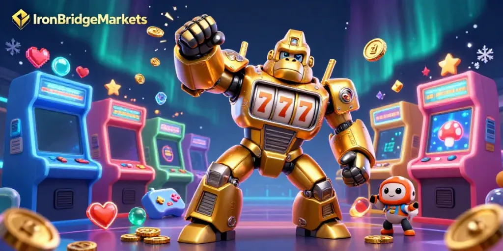 Experience IronBridgeMarkets action with a golden gorilla mech in a vivid casino scene.