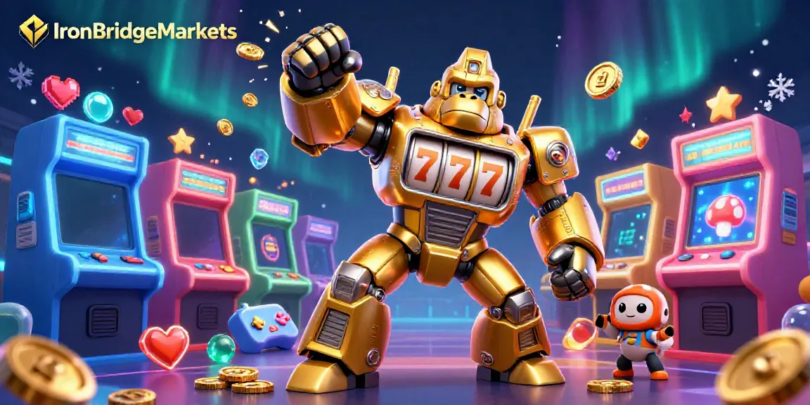 Experience IronBridgeMarkets action with a golden gorilla mech in a vivid casino scene.