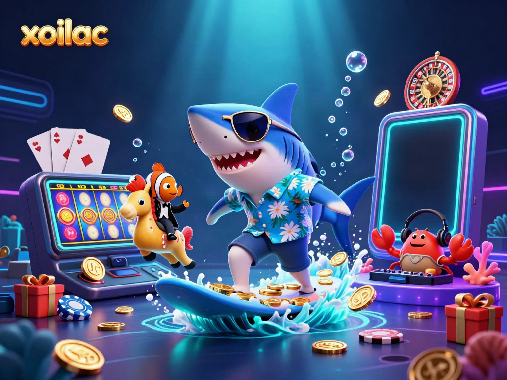 Xoilac-themed cartoon illustrating a shark and friends enjoying gambling adventures with vibrant casino scenery.