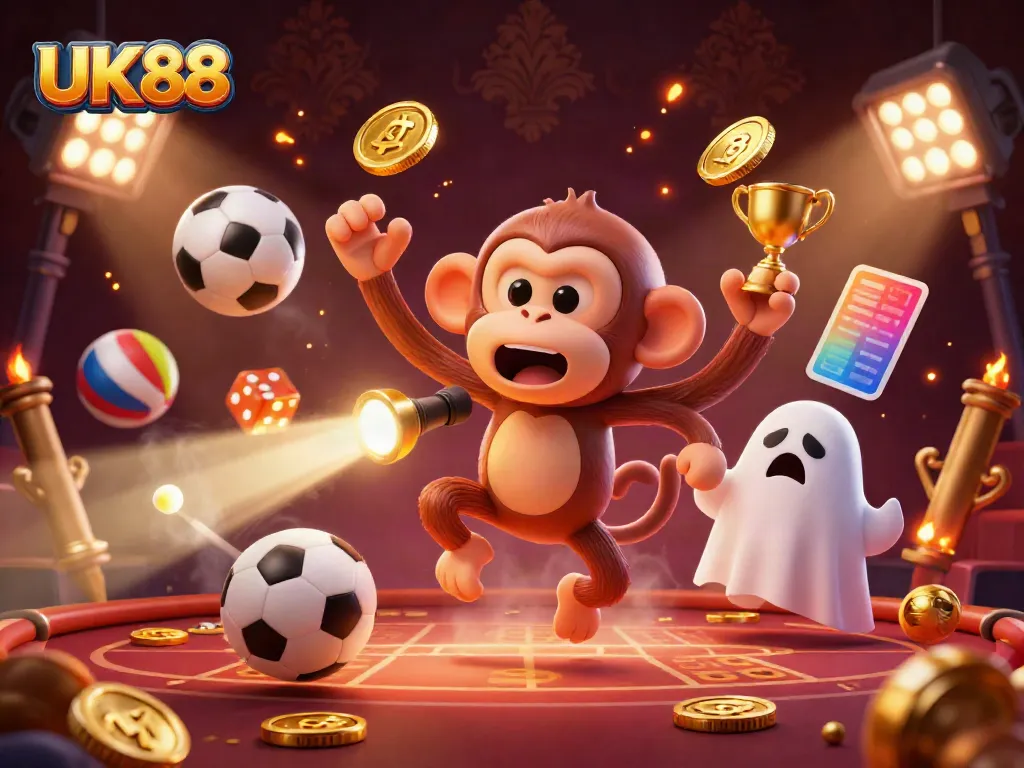 Engaging UK88 sports betting scene with mischievous characters and dynamic elements.