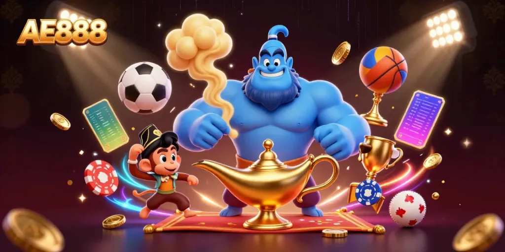 Experience the thrilling AE888 casino scene with a magical genie and dynamic sports elements.