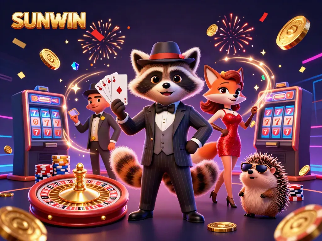 SUNWIN showcases a vibrant scene with a raccoon in a suit holding a royal flush and a fox in a sequined dress amid casino elements.