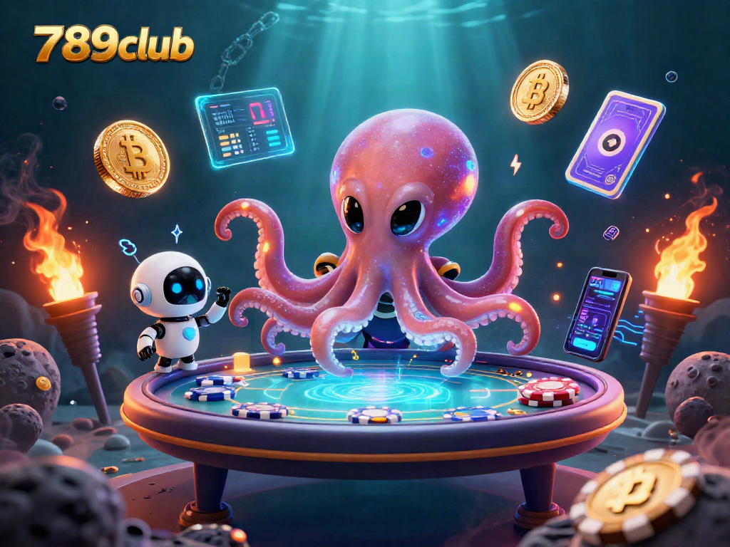 Engage with 789club's thrilling poker action as a vibrant alien octopus operates a holographic table amidst cosmic elements.