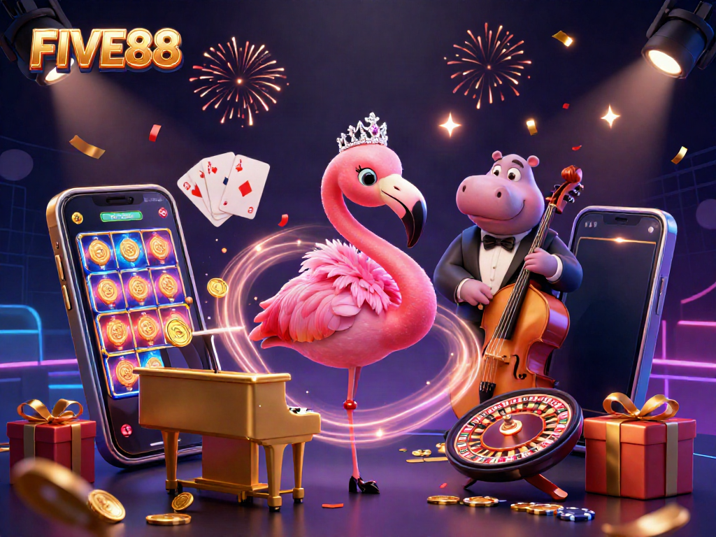 Experience the lively atmosphere of FIVE88 with a vibrant casino scene featuring a flamingo singer and hippo bassist.