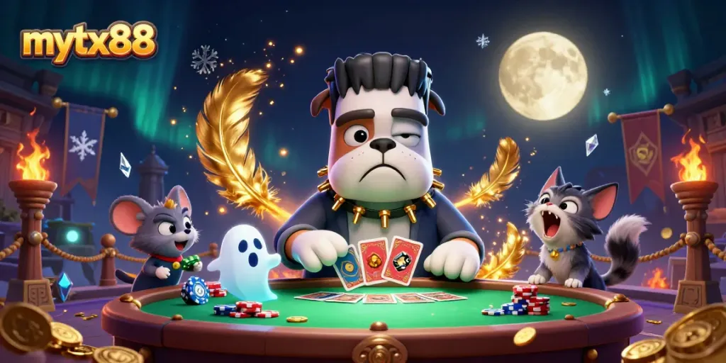 Mytx88 showcases a lively casino scene with a Frankenstein bulldog dealing cards at a spooky table, enhancing your gaming adventure.