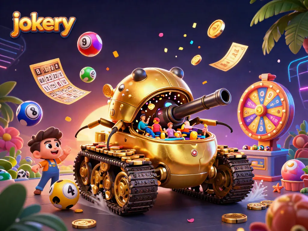 Play exciting games at jokery casino featuring a vibrant 3D illustration of a golden beetle tank.