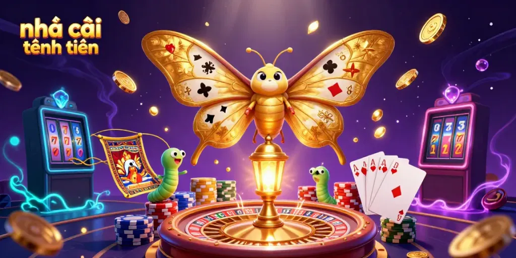 Experience excitement with nhà cái tặng tiền, showcasing a whimsical casino scene with golden coins and shimmering elements.