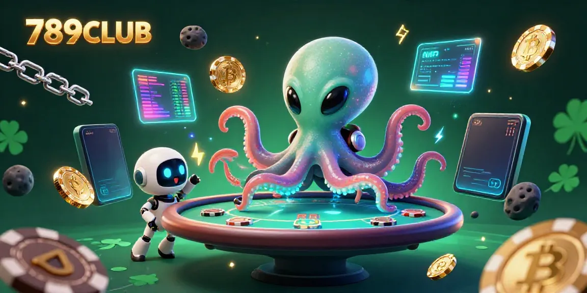 Experience thrilling gaming with 789CLUB's alien octopus at a holographic poker table surrounded by cryptocurrency elements.