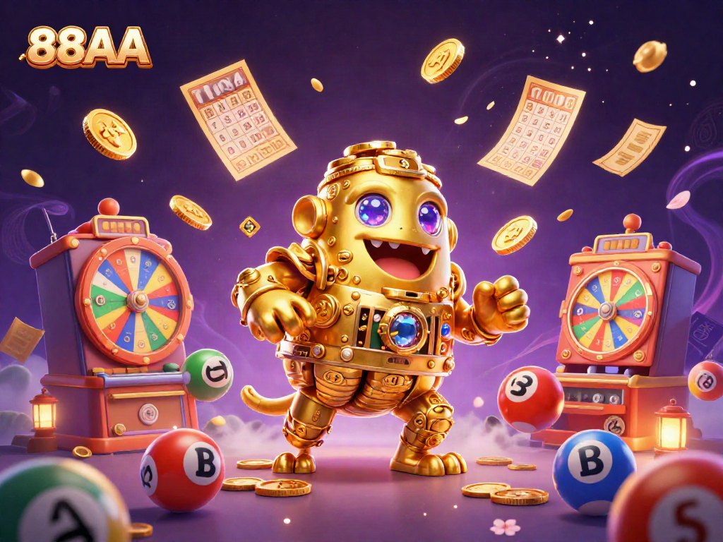 Experience the excitement of 88AA with a golden golem amidst dynamic lottery games and casino elements.