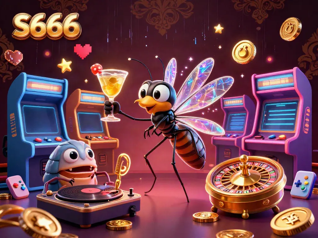 S666 captivates with an immersive casino scene featuring an amber mosquito mascot and dynamic elements.