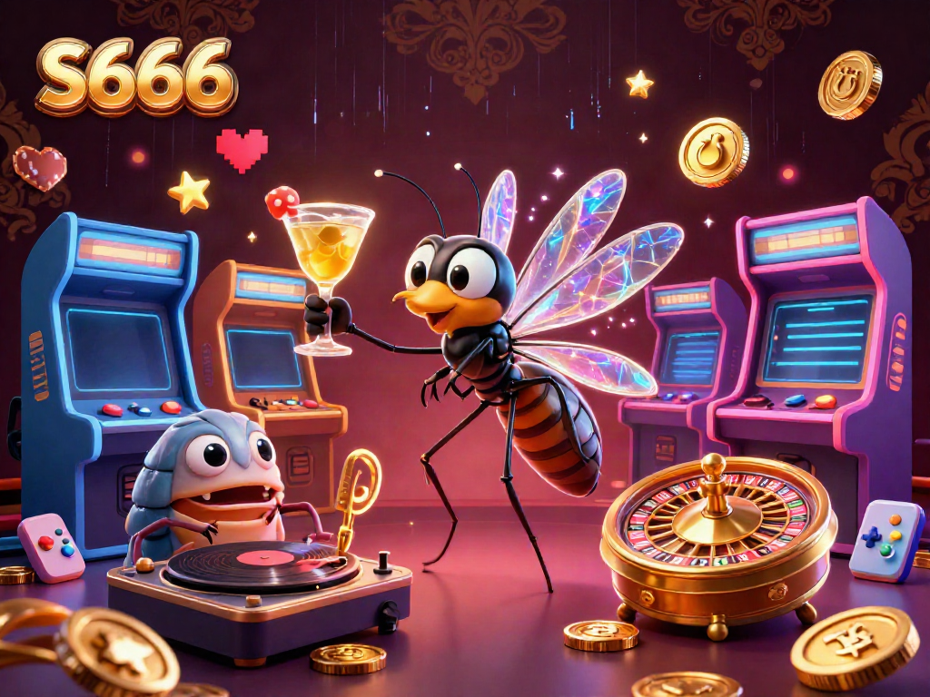 S666 captivates with an immersive casino scene featuring an amber mosquito mascot and dynamic elements.