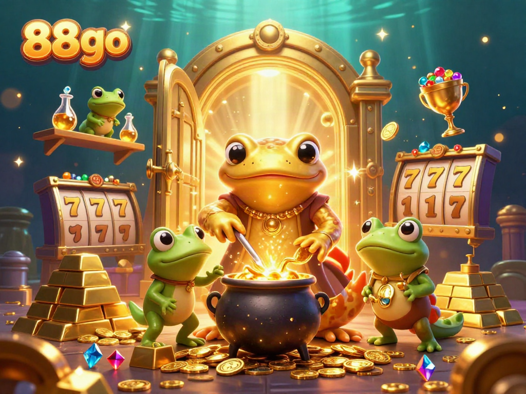 Experience the magic of 88go with golden salamanders and slot reels in an enchanting casino world.