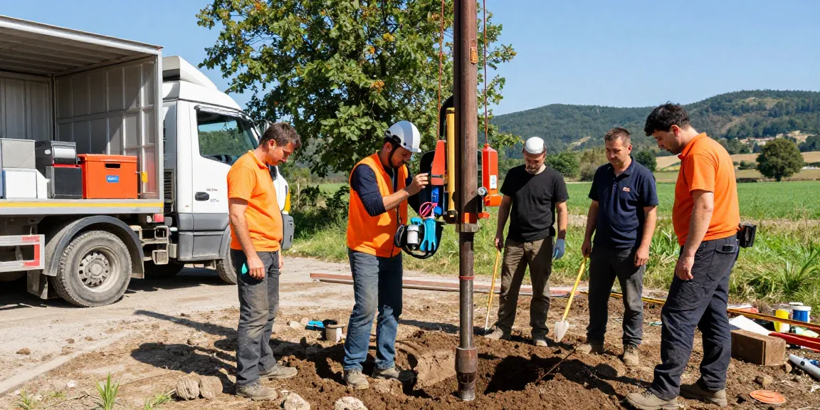 Brunnenbohrung-Professionelles Team führt Brunnenbohrung im ländlichen Bereich durch.