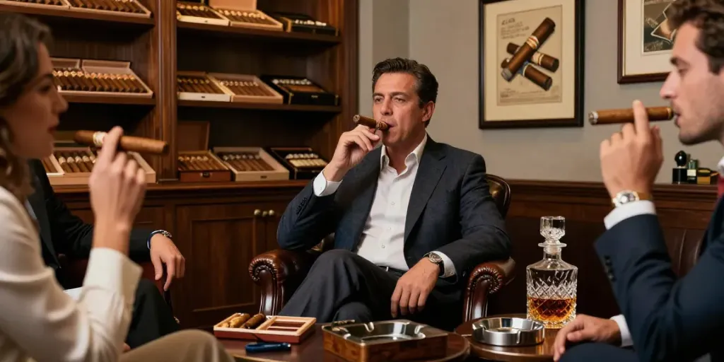 Kubanische Zigarren in einer eleganten Lounge, genossen von Freunden beim gemütlichen Gespräch.