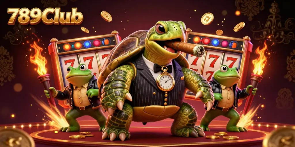 Engage with the thrilling environment of 789Club, showcasing vibrant slot reels and dynamic characters embodying an exciting casino atmosphere.
