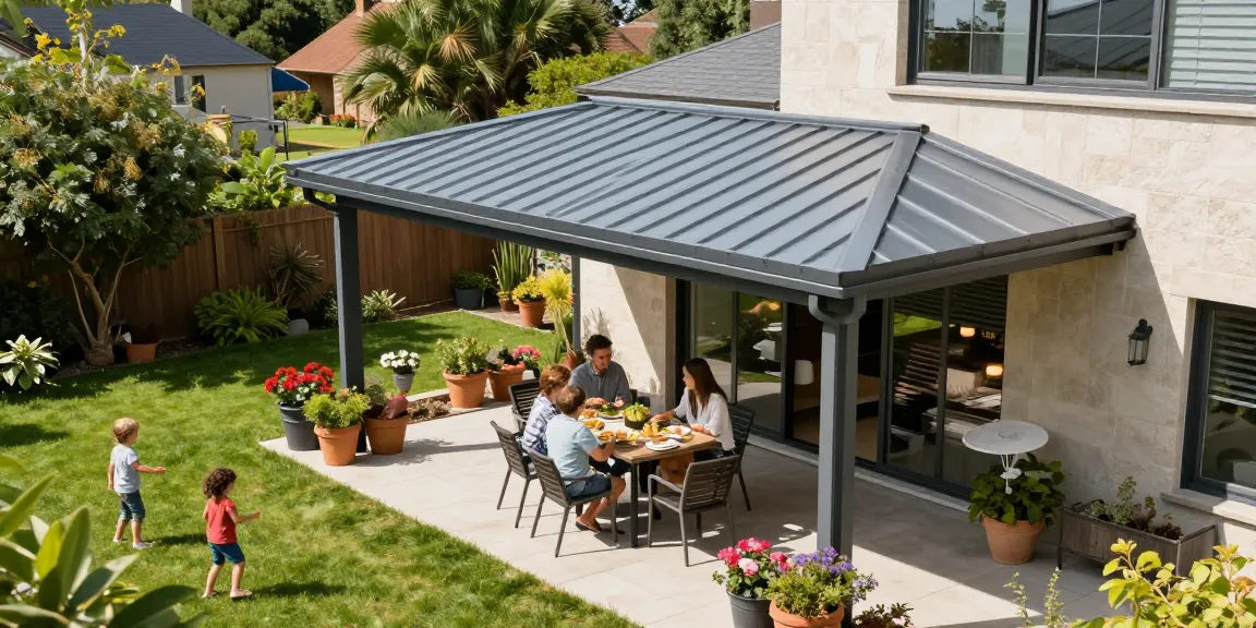 Moderne Terrassenüberdachung schützt Familie im Garten vor Sonnenstrahlen.