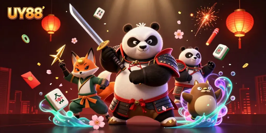 Experience the excitement of UY88 with dynamic characters and casino elements in a vibrant 3D illustration.