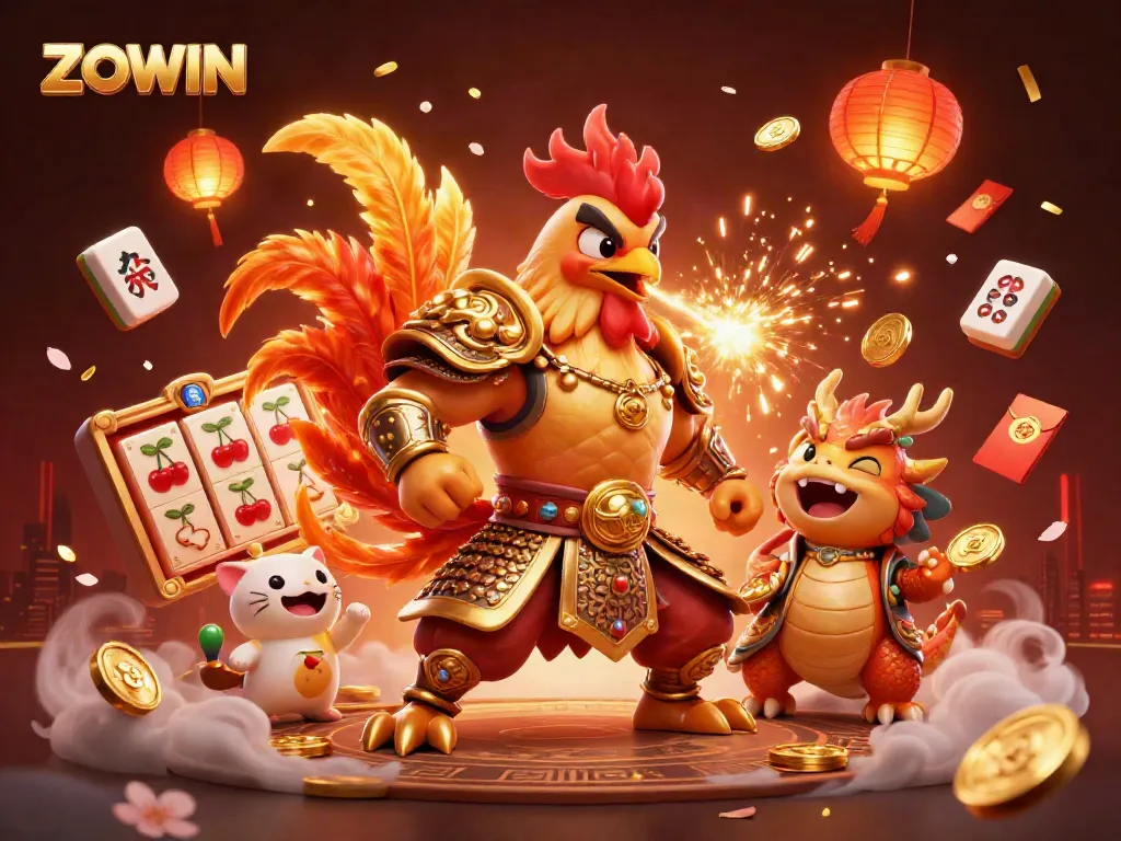 ZOWIN features an action-packed scene with a rooster warrior, dragon hatchling, and jackpot slots.