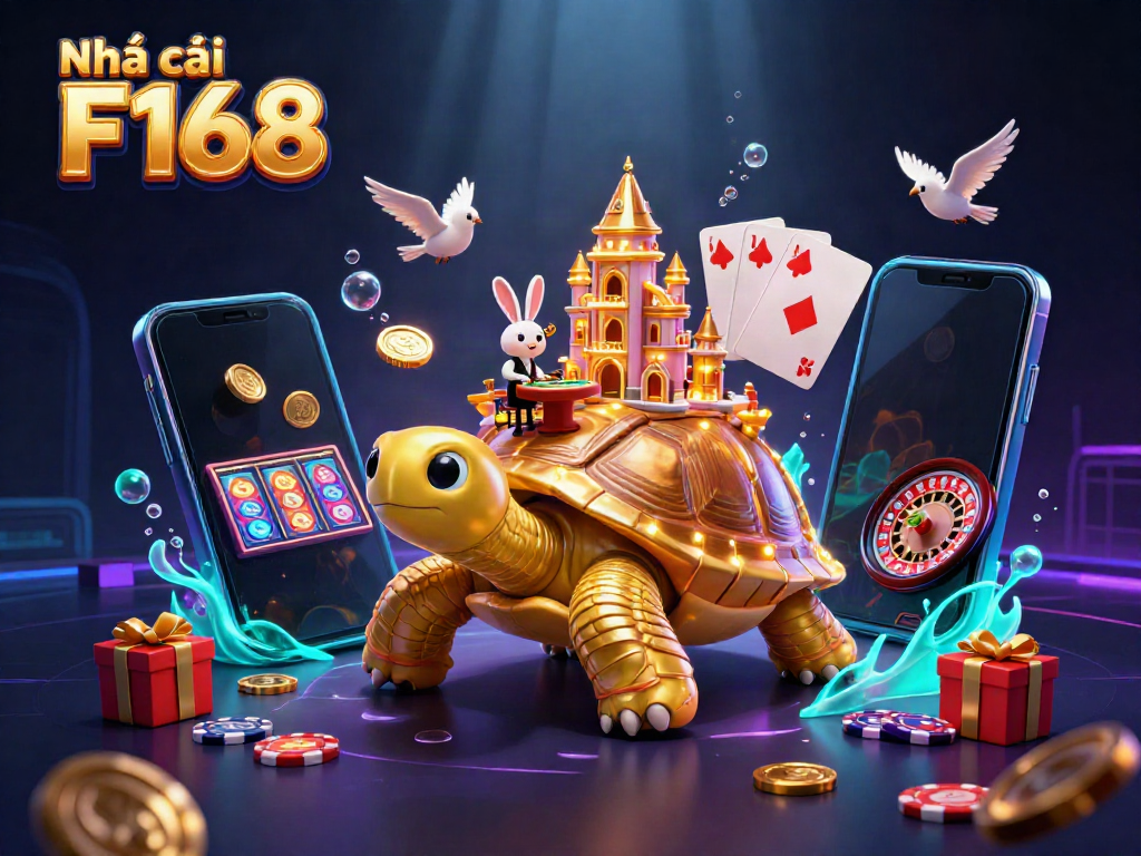 Experience excitement at Nhà cái F168 with a vibrant illustration featuring a golden tortoise casino and rewarding elements.