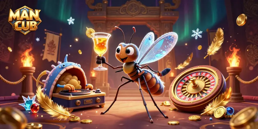 Engage in thrilling casino action at MANCLUB with a lively illustration showcasing unique characters and casino elements.