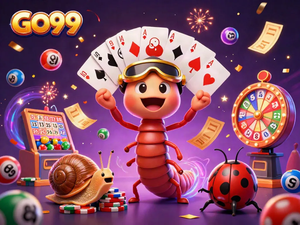 Experience the excitement at GO99 with a vibrant casino scene featuring playful cartoon characters and dynamic game elements.