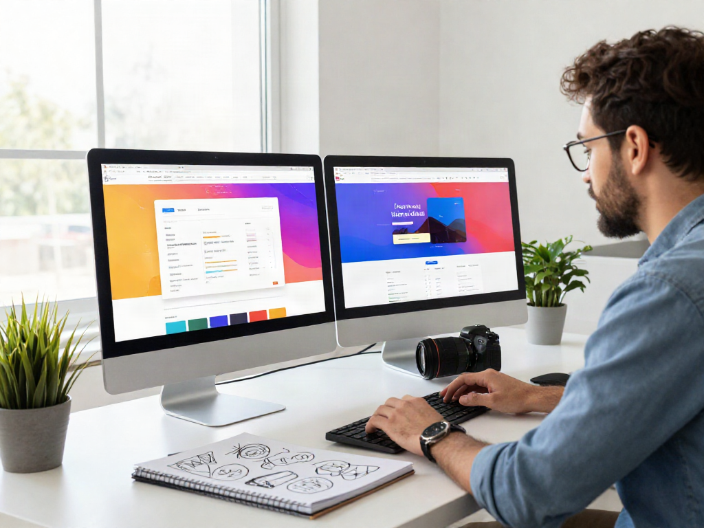 Sanumwebdesign - Kreative Webdesign-Umgebung mit modernen Arbeitsplätzen und Design-Wireframes.