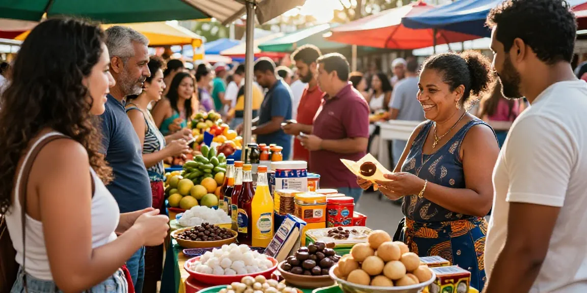 Vielfältige brasilianische Produkte, einschließlich Guaraná, Tapioca und Schokolade, in einem lebhaften Marktszenario.