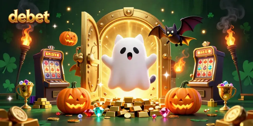 Experience the excitement of debet with a playful ghost cat and vampire bat in a vibrant casino scene.
