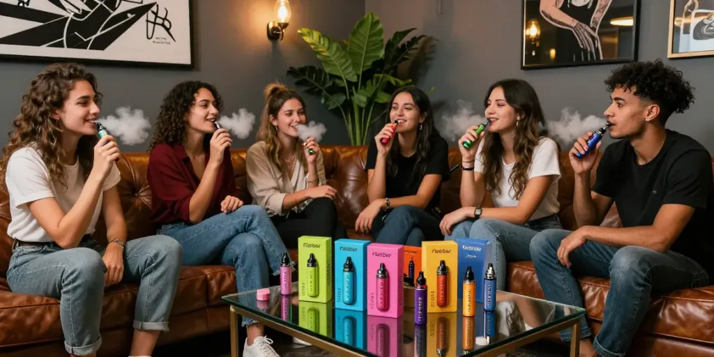Friends enjoying Flerbar vape in a stylish lounge with colorful flavors.