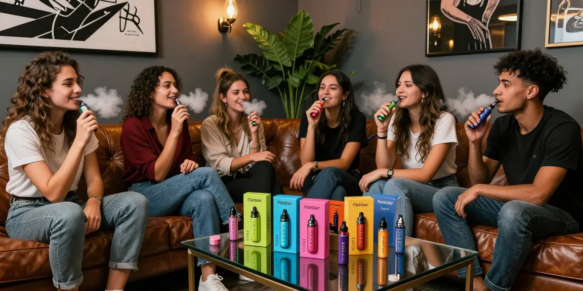 Friends enjoying Flerbar vape in a stylish lounge with colorful flavors.