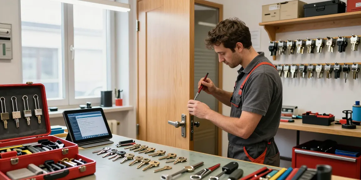 Professioneller Schlüsseldienst Aachen in der Werkstatt bei der Türöffnung mit hochwertigem Werkzeug.