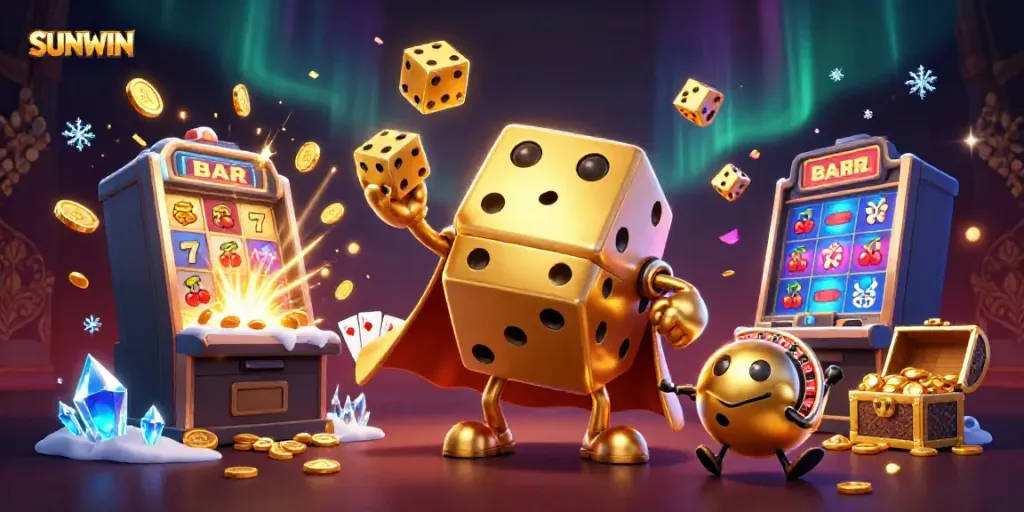 SUNWIN showcases an exciting animated casino scene with vibrant character dice and jackpot elements.