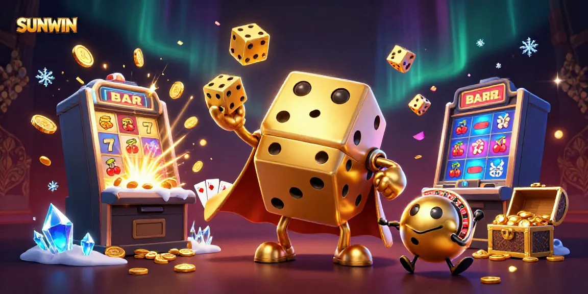 SUNWIN showcases an exciting animated casino scene with vibrant character dice and jackpot elements.