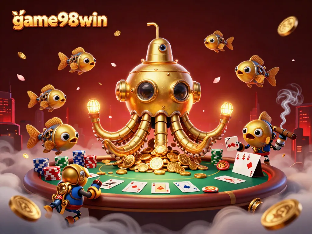game98win showcases an exciting casino scene with a golden kraken and poker elements.